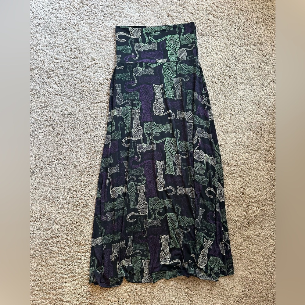 LuLaRoe Cat Print Maxi Skirt - Black and Green XS